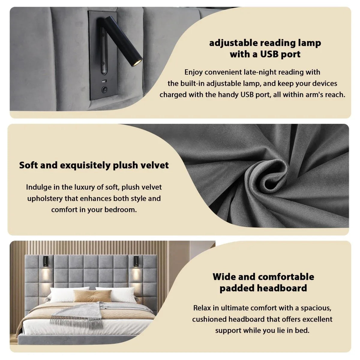 King Upholstered Velvet Bed Frame With USB Lamp - Omega Lifestyles