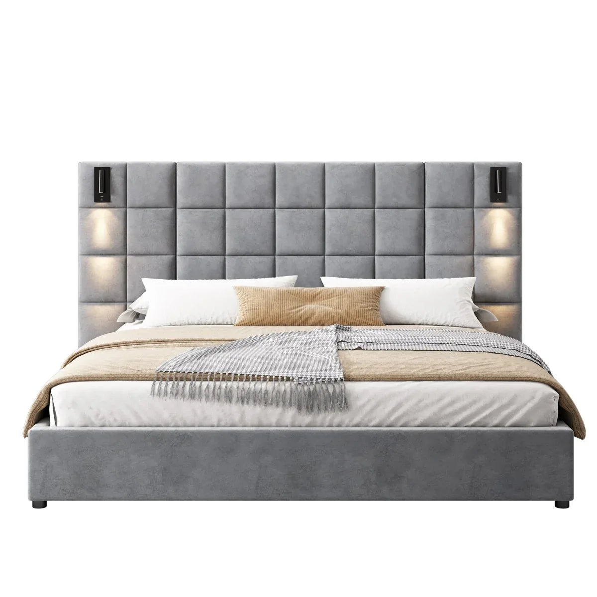 King Upholstered Velvet Bed Frame With USB Lamp - Omega Lifestyles