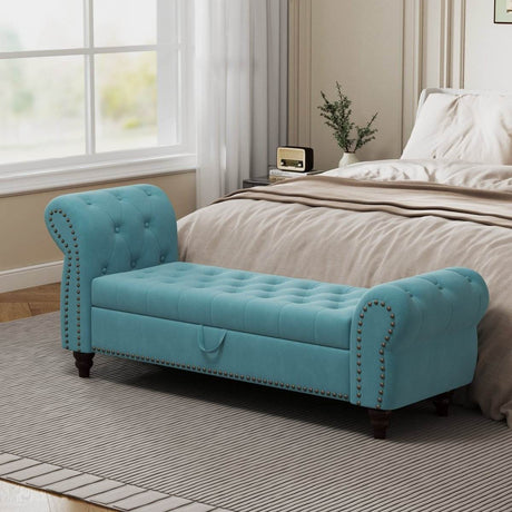 Lake Blue Velvet Upholstered Bed Bench With Storage - Sleep Galleria