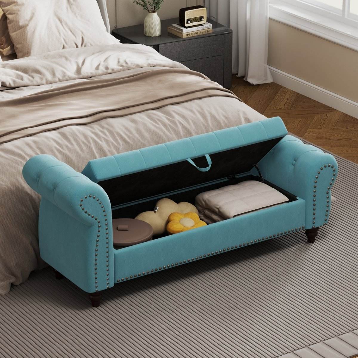 Lake Blue Velvet Upholstered Bed Bench With Storage - Sleep Galleria
