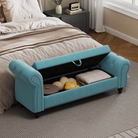 Lake Blue Velvet Upholstered Bed Bench With Storage - Sleep Galleria
