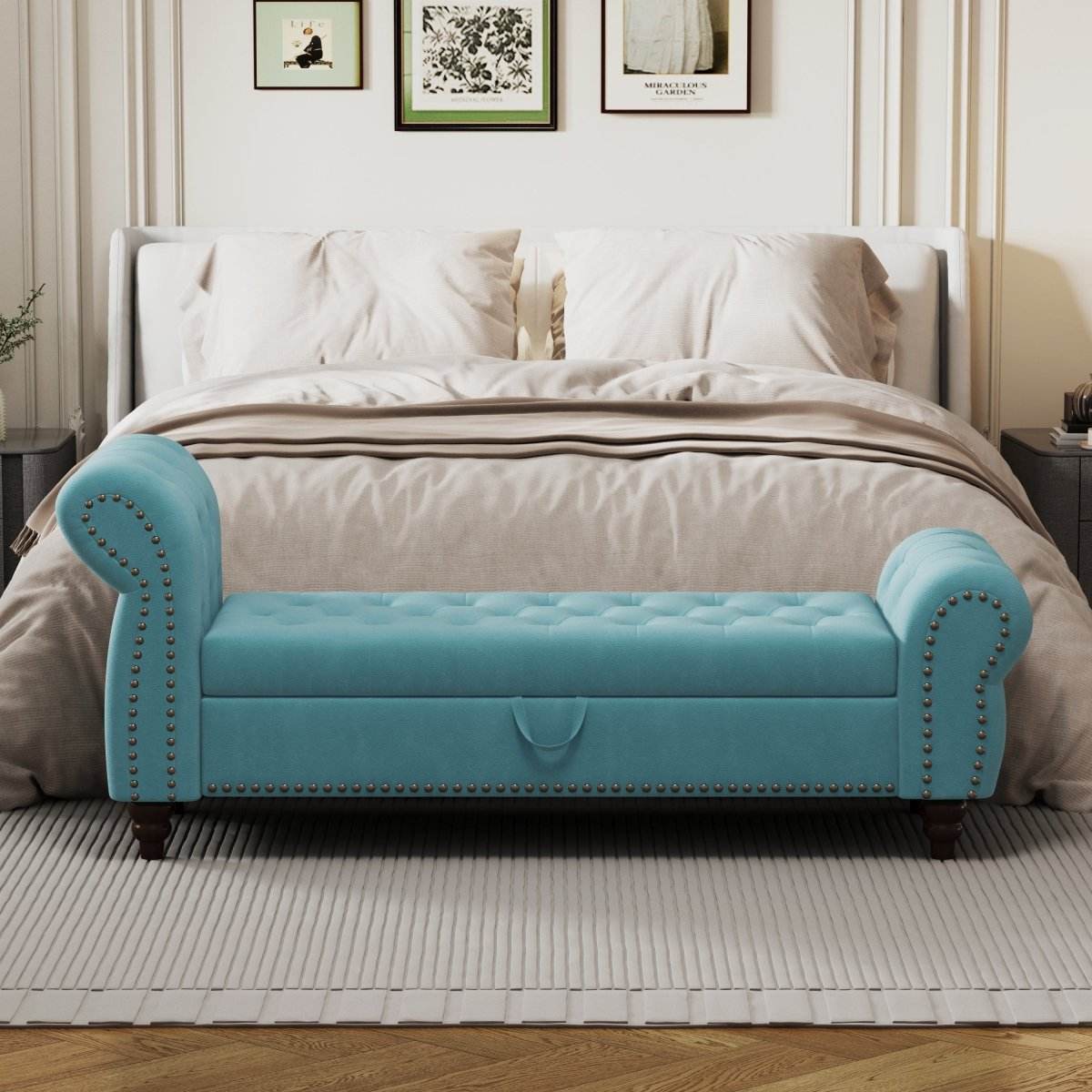 Lake Blue Velvet Upholstered Bed Bench With Storage - Sleep Galleria