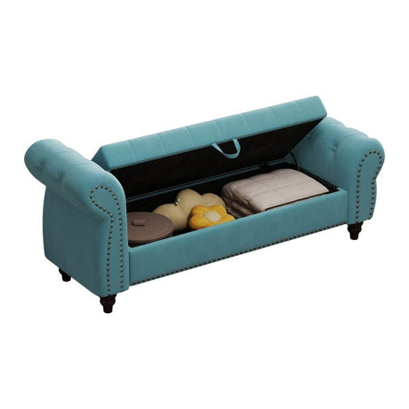 Lake Blue Velvet Upholstered Bed Bench With Storage - Sleep Galleria