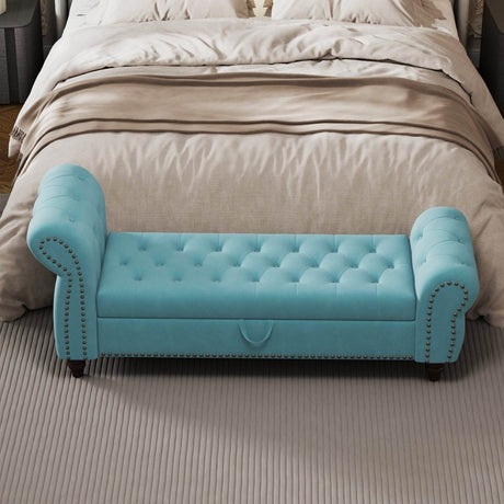 Lake Blue Velvet Upholstered Bed Bench With Storage - Sleep Galleria