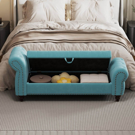 Lake Blue Velvet Upholstered Bed Bench With Storage - Sleep Galleria
