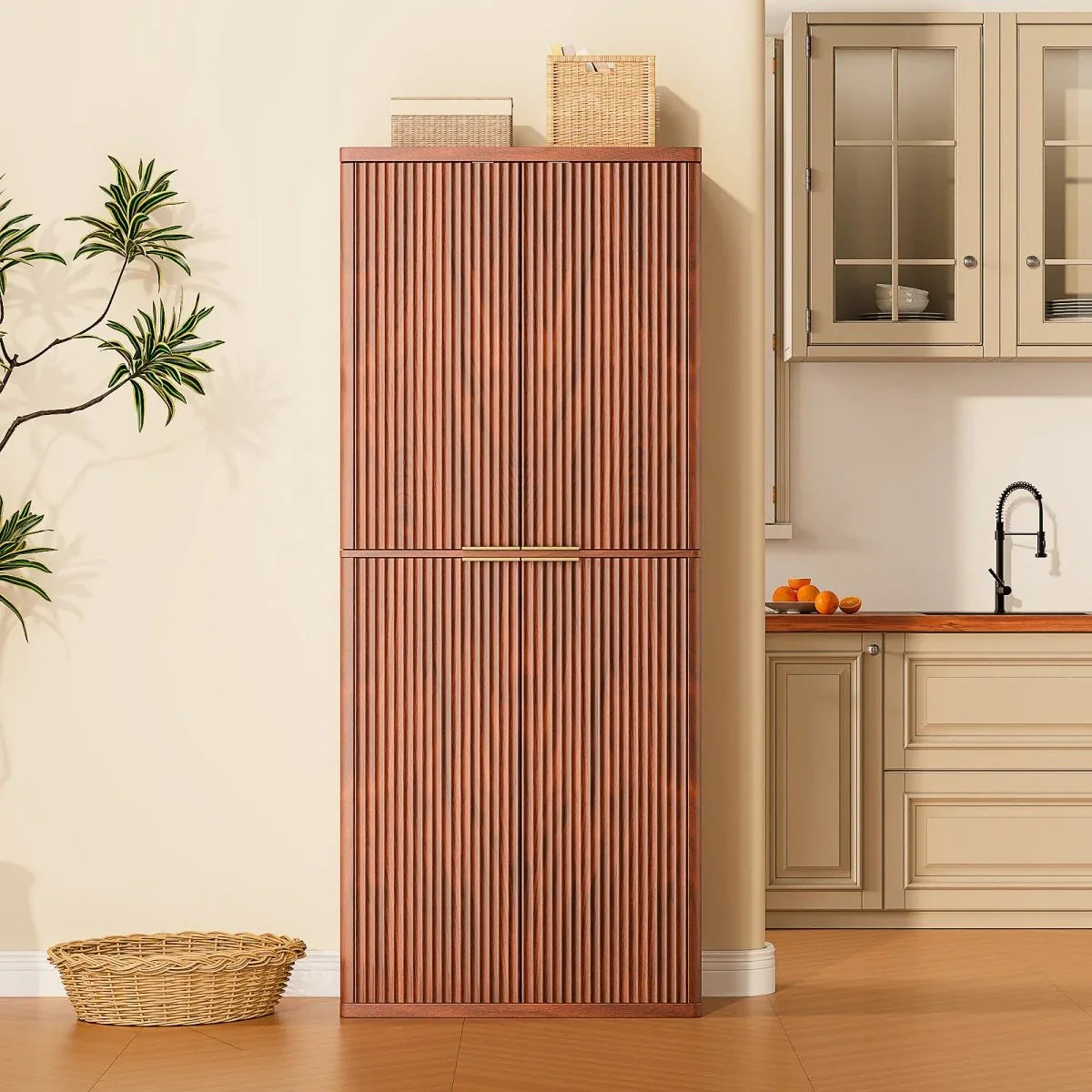 Modern Fluted Walnut Pantry Cabinet With Six Shelves - Omega Lifestyles