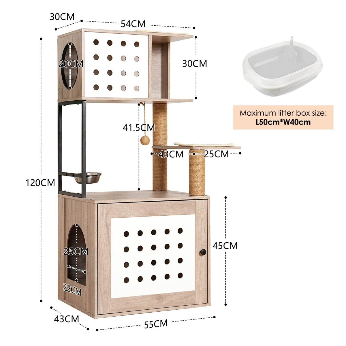 Modern Gray White Cat Tree With Litter Box Enclosure - Lunara - Omega Lifestyles