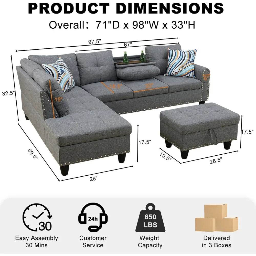 Modern L-Shaped Linen Sectional Sofa With Ottoman And Pillows - Omega Lifestyles
