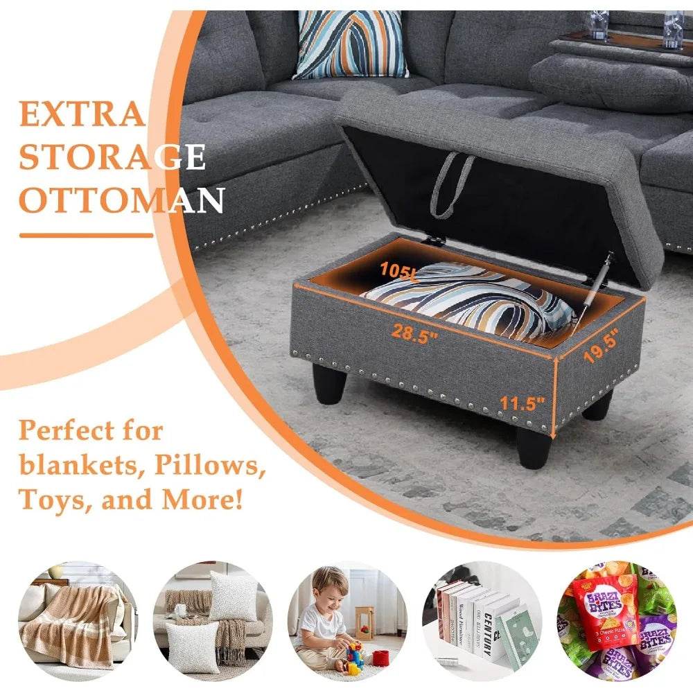 Modern L-Shaped Linen Sectional Sofa With Ottoman And Pillows - Omega Lifestyles