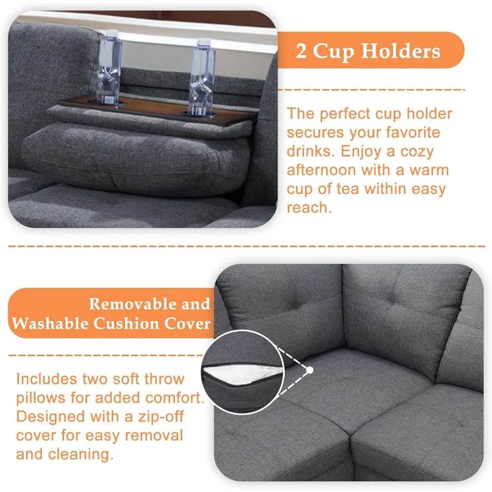 Modern L-Shaped Linen Sectional Sofa With Ottoman And Pillows - Omega Lifestyles