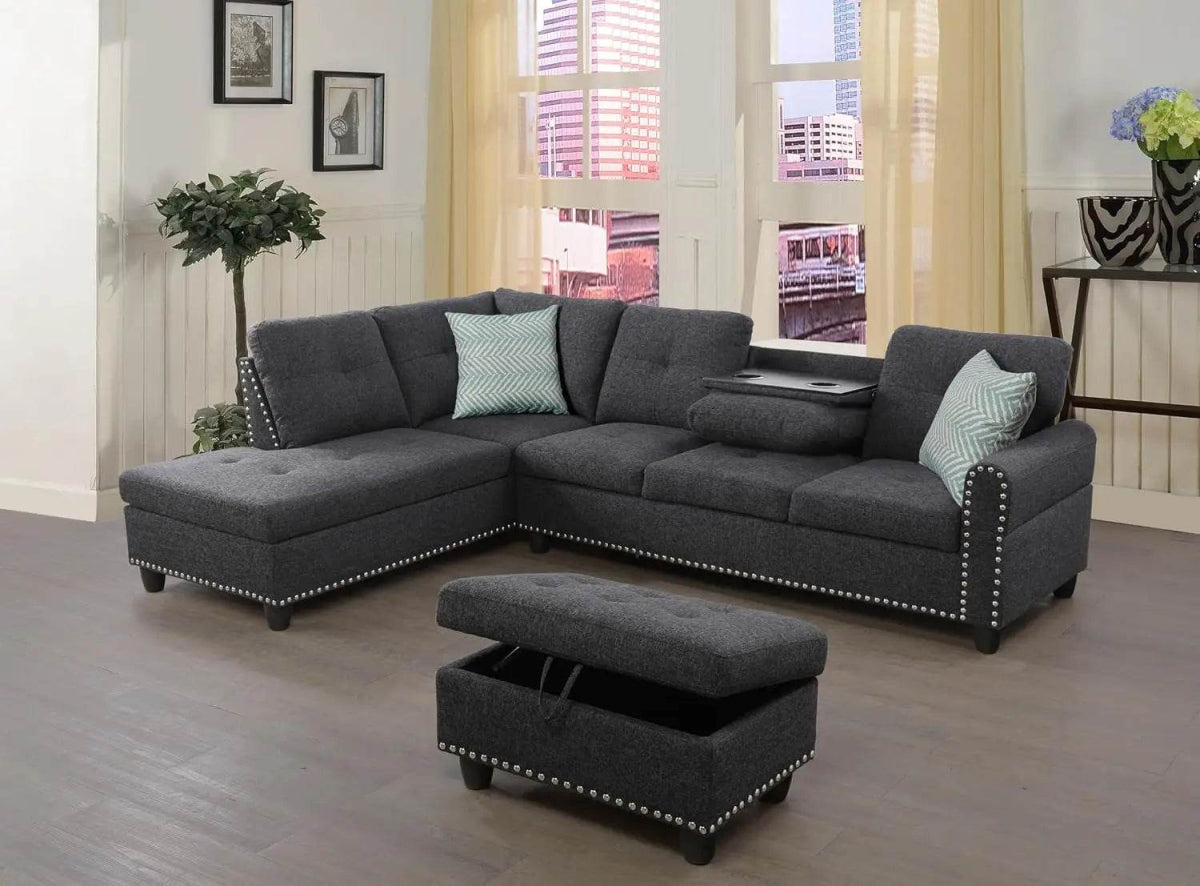 Modern L-Shaped Linen Sectional Sofa With Ottoman And Pillows - Omega Lifestyles