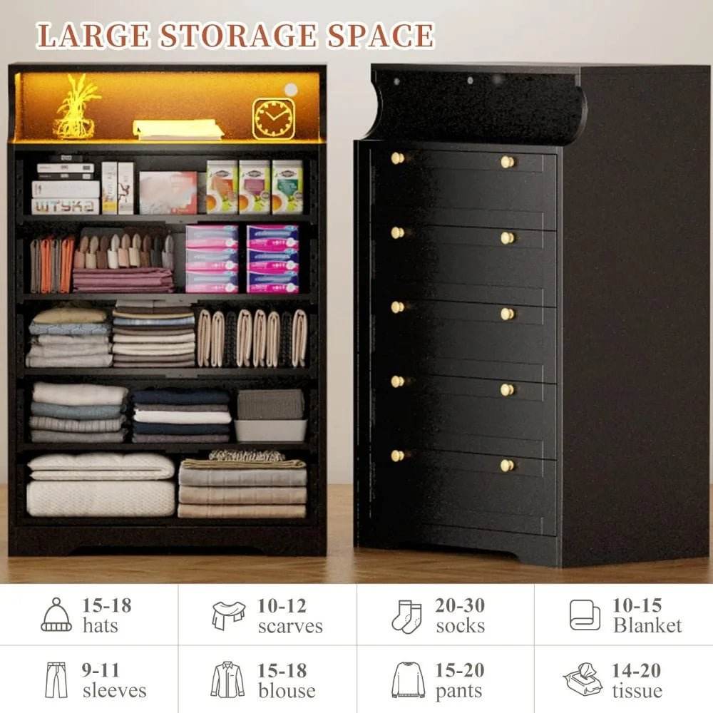 Modern Tall Dresser With 5 Spacious Drawers And LED Lights - Omega Lifestyles