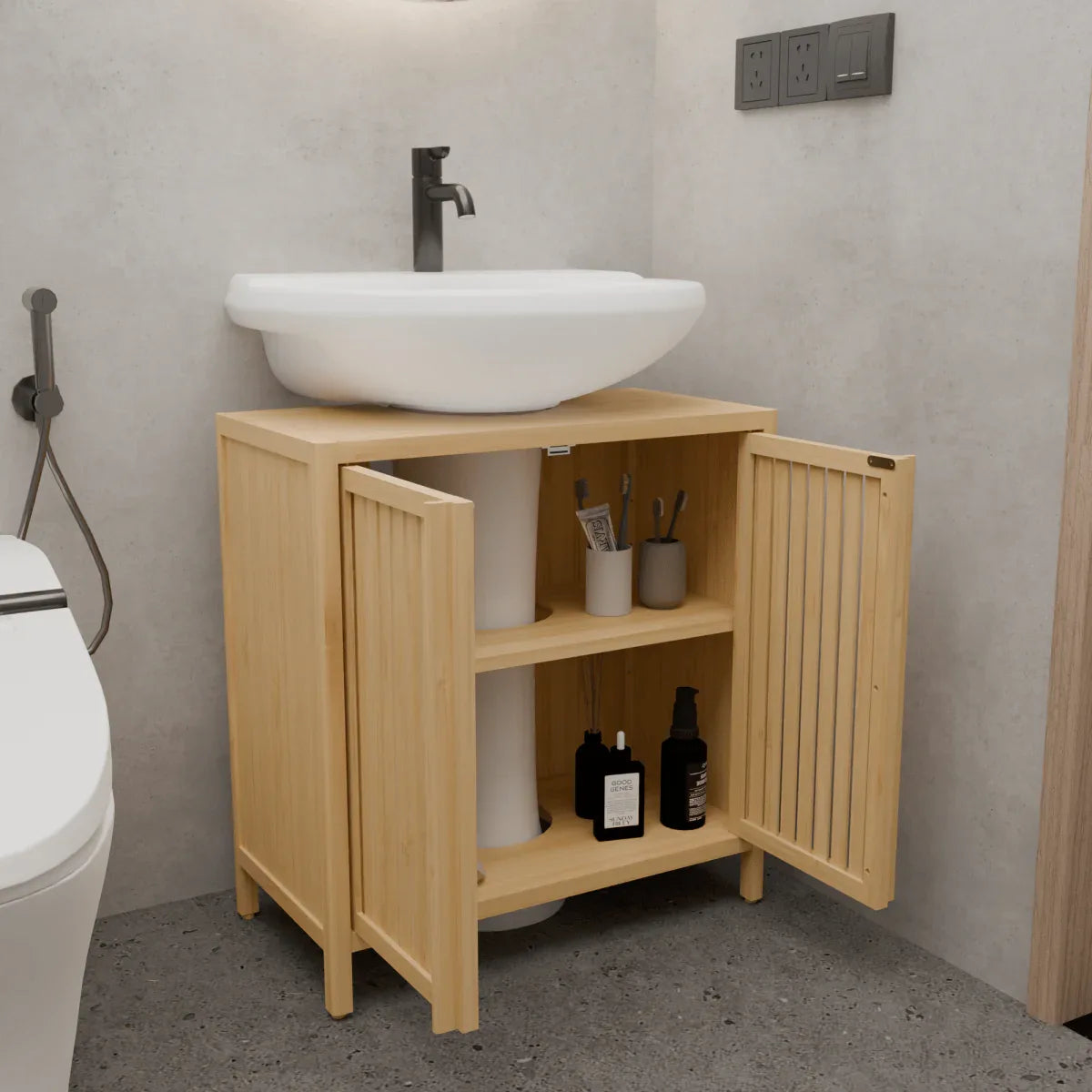Natural Bamboo Large Capacity Basin Cabinet With Drawers - Omega Lifestyles