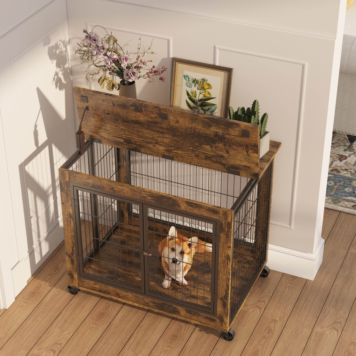 Rustic Brown Furniture Dog Crate With Rolling Casters - Omega Lifestyles