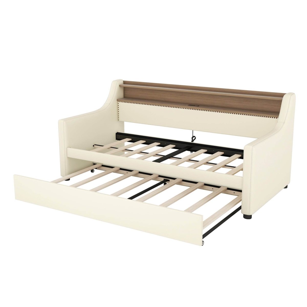 Twin PU Leather Daybed With Trundle Charging Station LED Light - Sleep Galleria