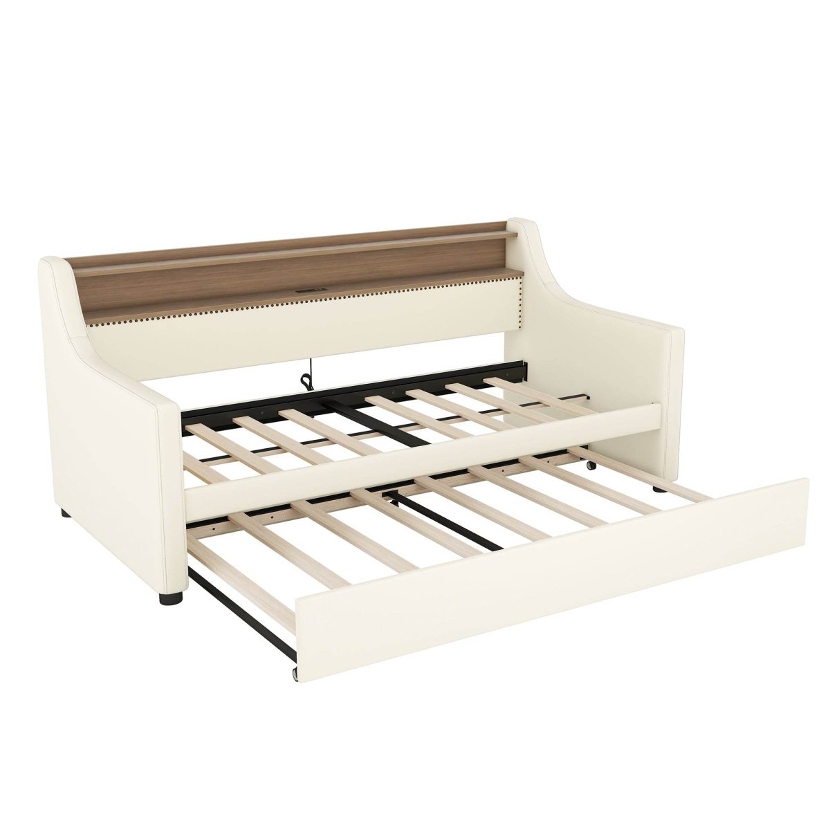 Twin PU Leather Daybed With Trundle Charging Station LED Light - Sleep Galleria