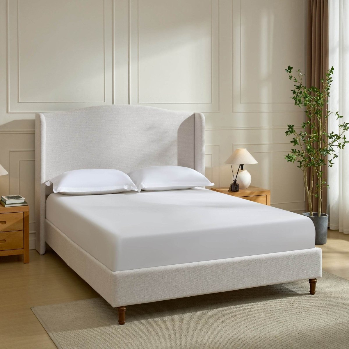 King Minimalist Upholstered Wingback Bed Frame Ivory - Minimalist Designs - Omega Lifestyles
