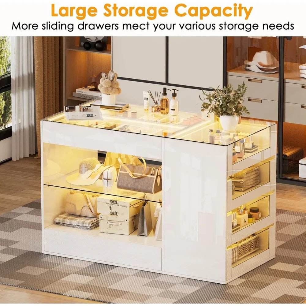 Modern White Glossy Closet Island With Drawers And Light - Omega Lifestyles