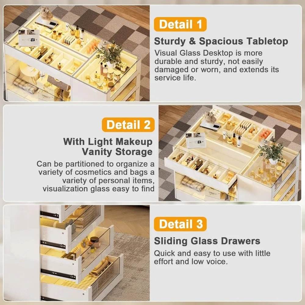 Modern White Glossy Closet Island With Drawers And Light - Omega Lifestyles