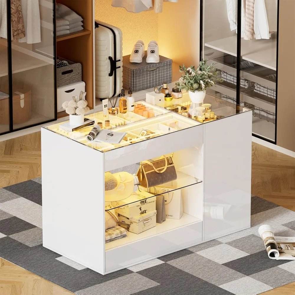 Modern White Glossy Closet Island With Drawers And Light - Omega Lifestyles