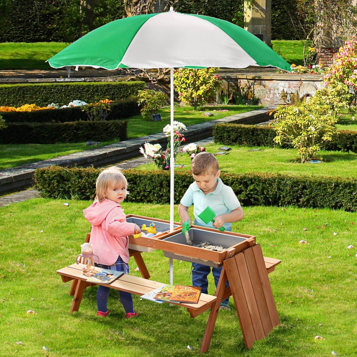 Kids Wooden Outdoor Picnic Table With Adjustable Umbrella - Outsunny - Omega Lifestyles