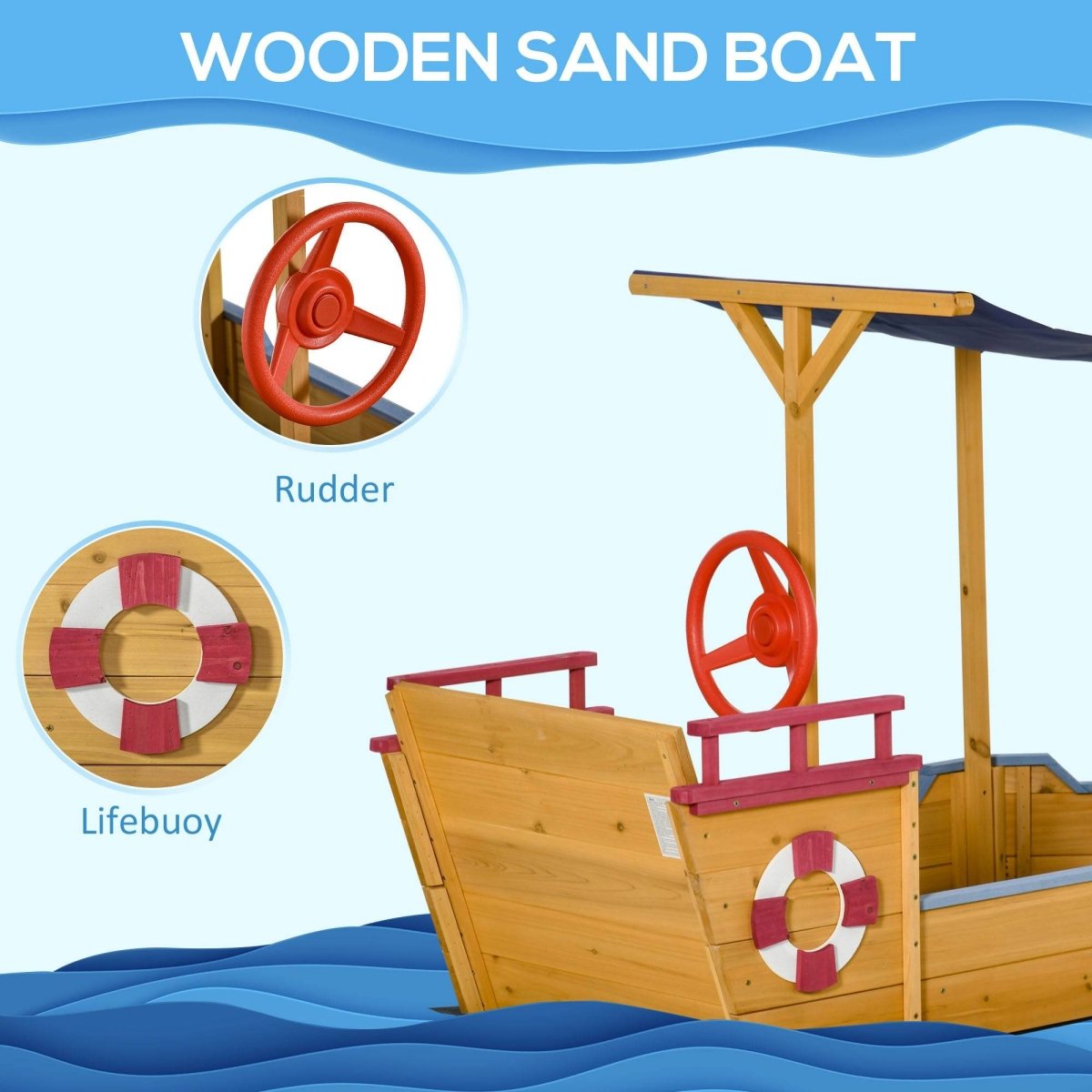 Wooden Pirate Ship Sandbox With Canopy and Storage Bench - Outsunny - Omega Lifestyles