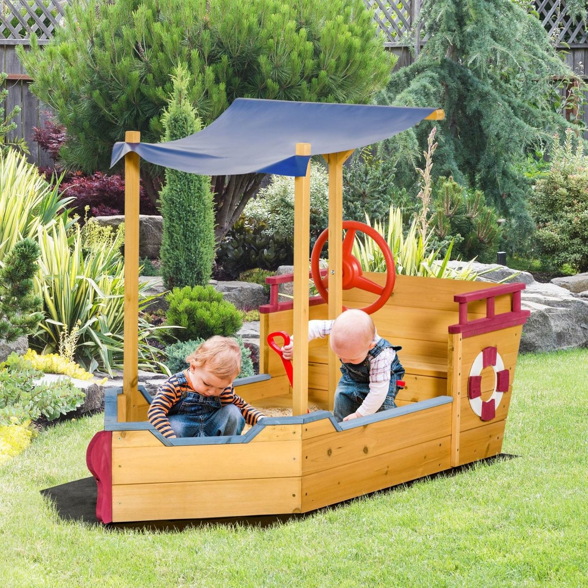 Wooden Pirate Ship Sandbox With Canopy and Storage Bench - Outsunny - Omega Lifestyles