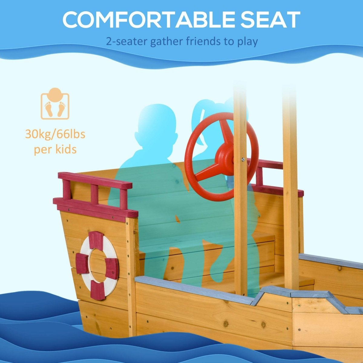 Wooden Pirate Ship Sandbox With Canopy and Storage Bench - Outsunny - Omega Lifestyles