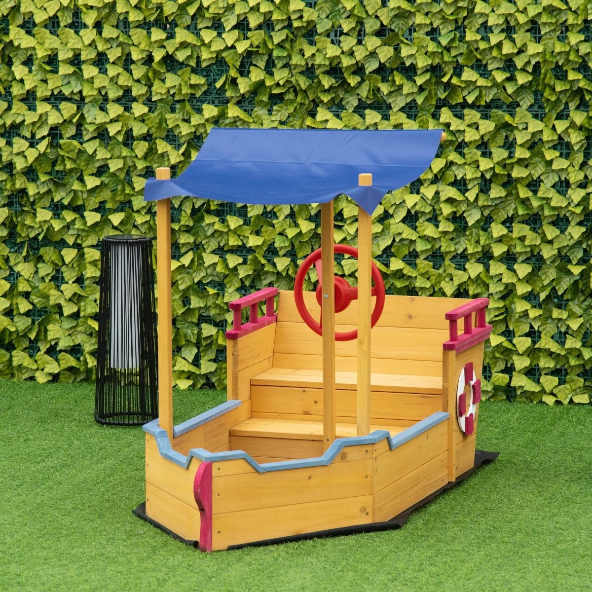 Wooden Pirate Ship Sandbox With Canopy and Storage Bench - Outsunny - Omega Lifestyles