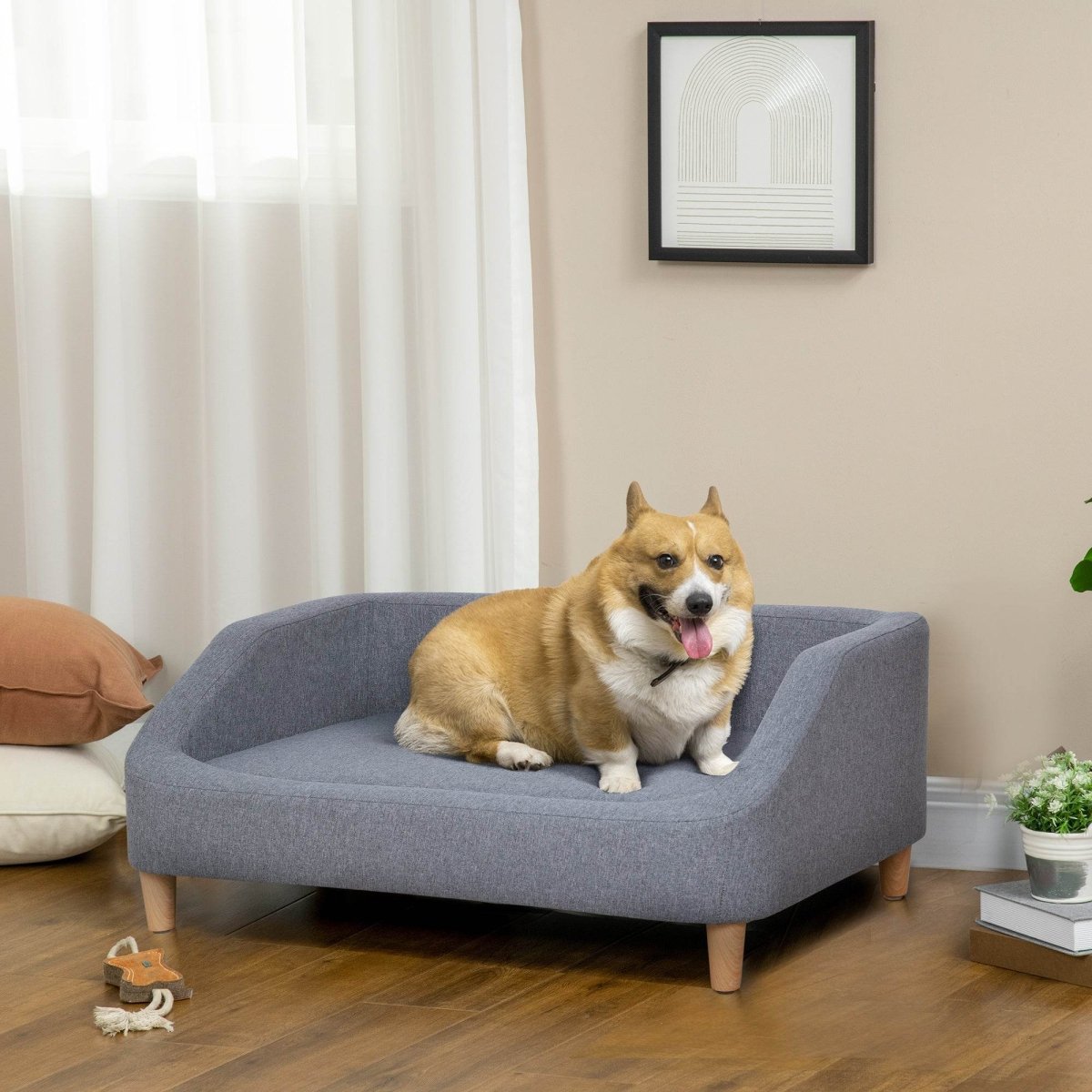 Wood Frame Gray Linen Fabric Pet Sofa - Sleep Galleria