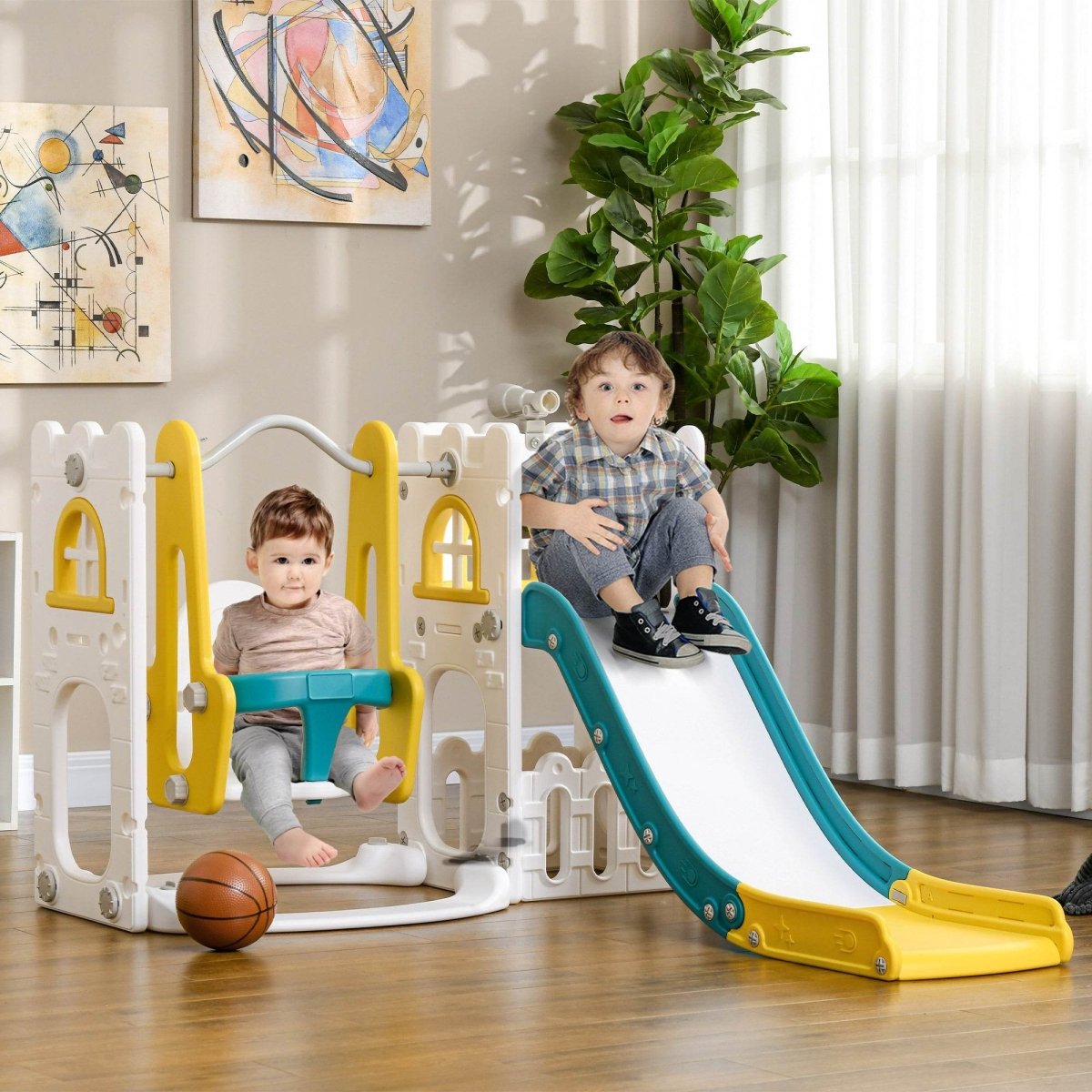 6 - in - 1 Indoor Toddler Slide Swing Playset With Basketball Hoop - Qaba - Omega Lifestyles