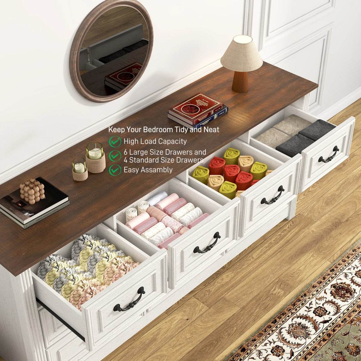 Farmhouse 10-Drawer Engineered Wood Dresser - Omega Lifestyles