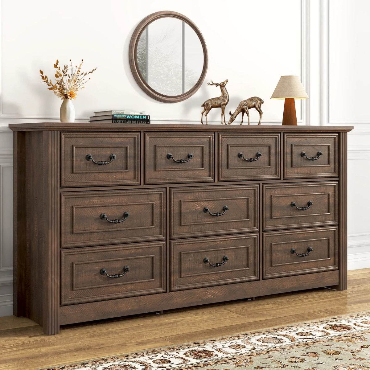 Farmhouse 10-Drawer Engineered Wood Dresser - Omega Lifestyles
