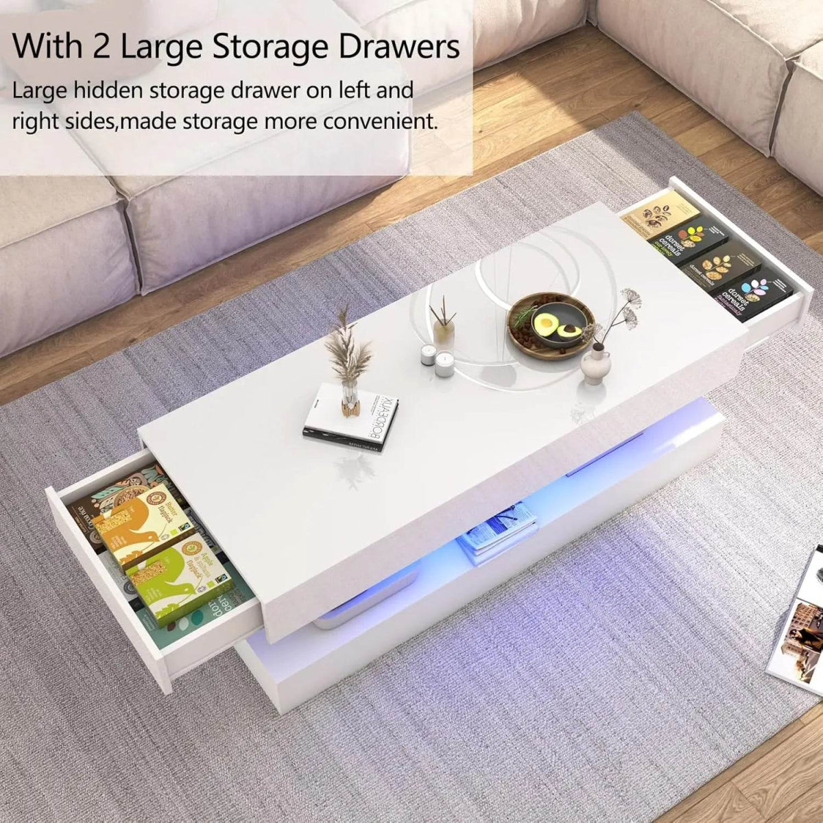 Modern LED Coffee Table With Storage Drawers - Omega Lifestyles