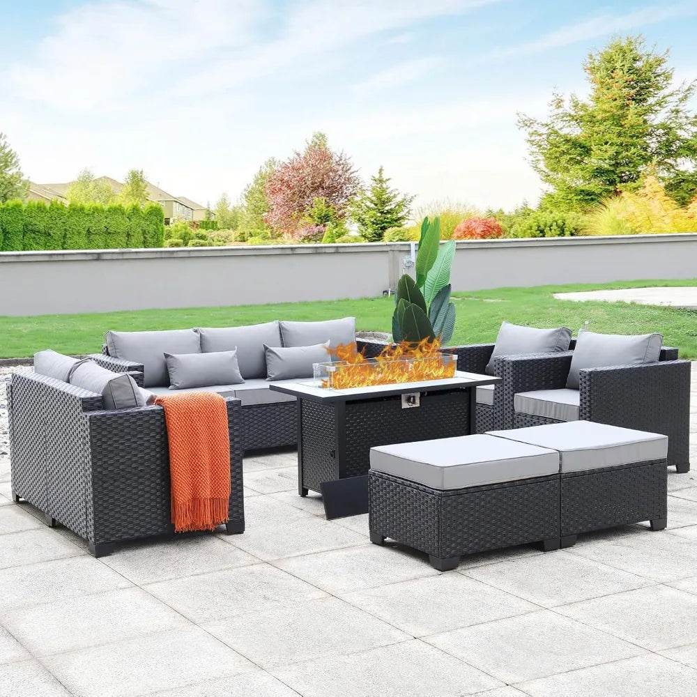 7-Piece Outdoor Wicker Furniture Set With Fire Pit Table - Omega Lifestyles