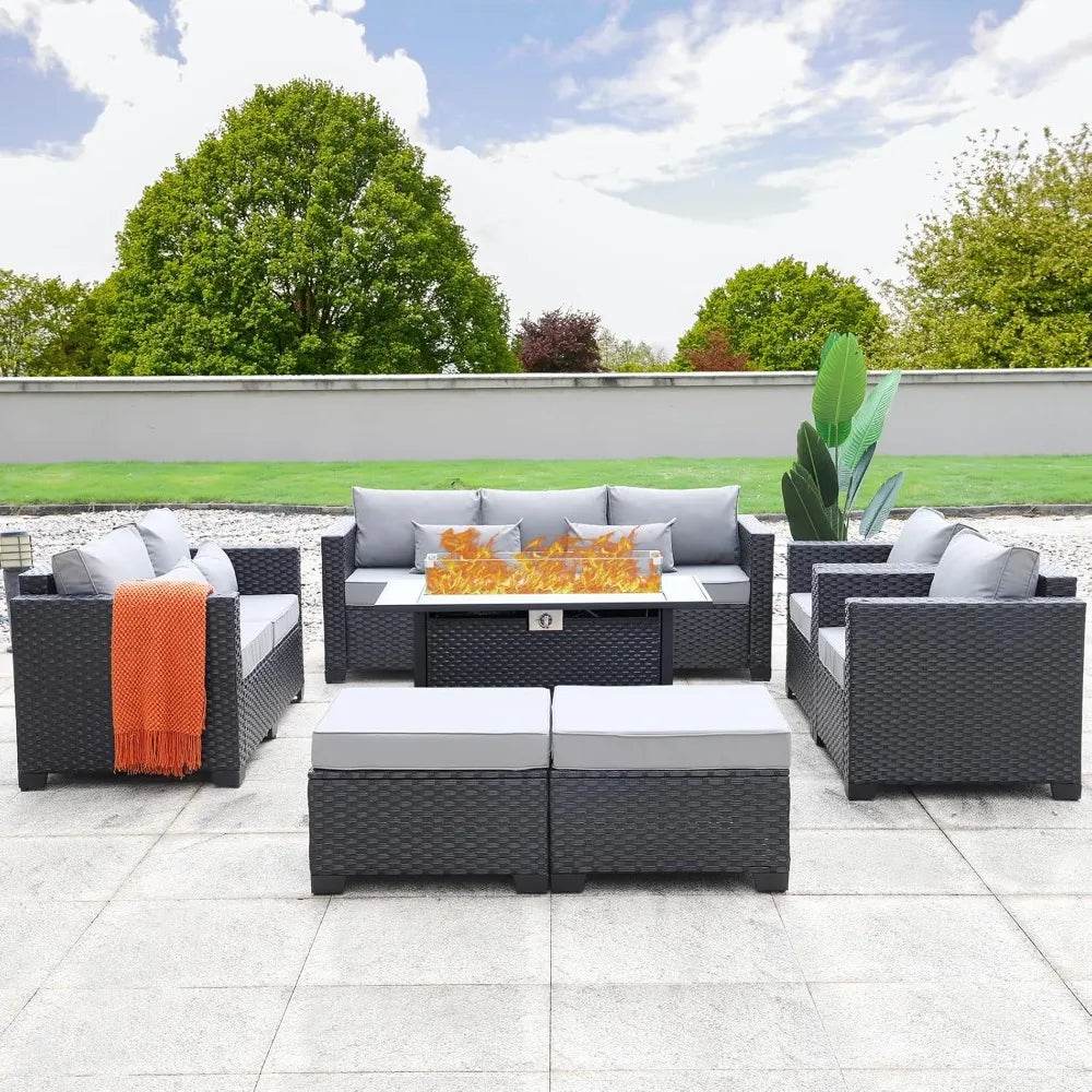 7-Piece Outdoor Wicker Furniture Set With Fire Pit Table - Omega Lifestyles
