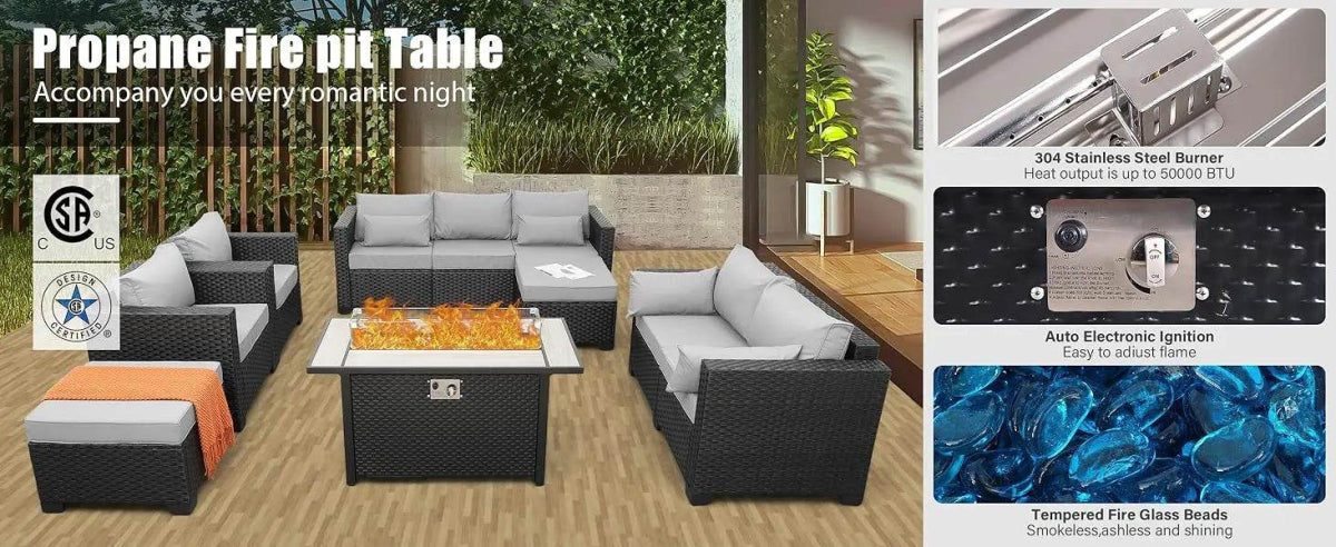 7-Piece Outdoor Wicker Furniture Set With Fire Pit Table - Omega Lifestyles