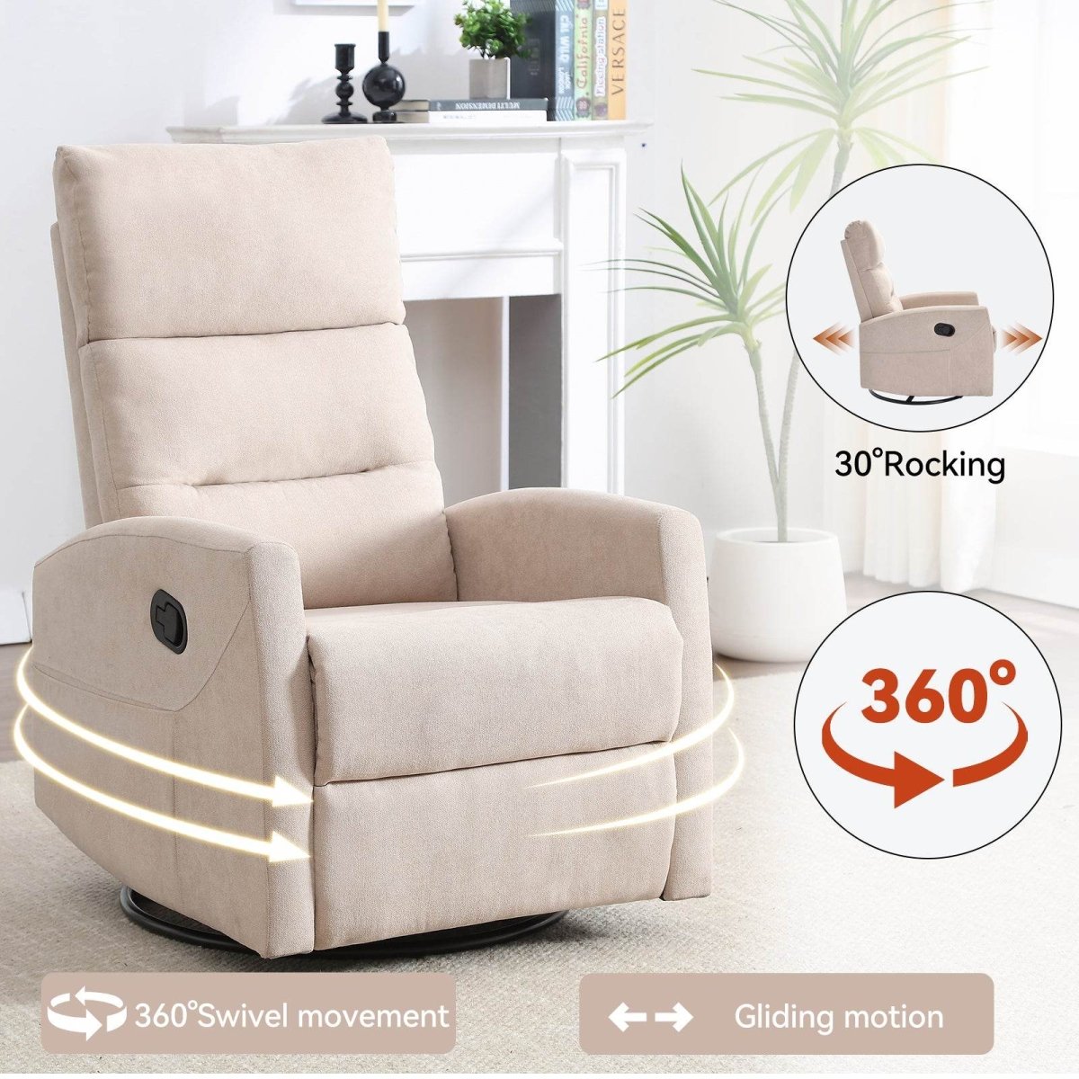Beige Medium - Firm Rocking Swivel Manual Recliner Chair - Reposea - Omega Lifestyles
