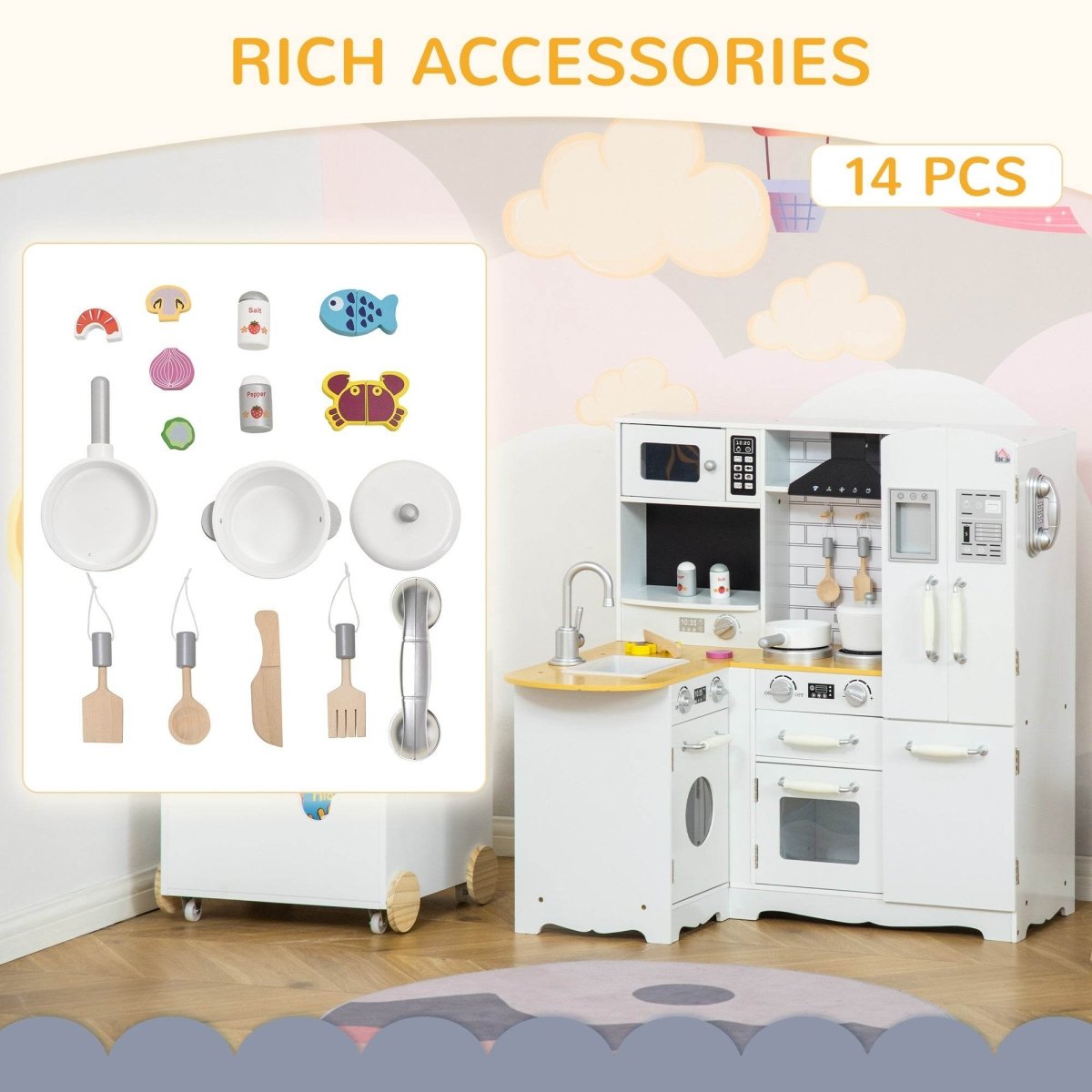 Educational Large White Silver MDF Kids Play Kitchen Set - Reposea - Omega Lifestyles