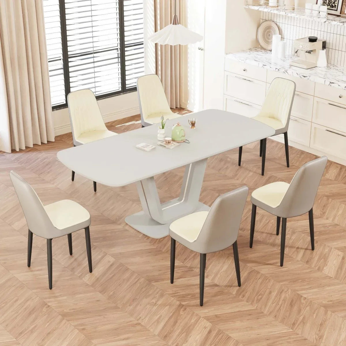 Expandable MDF Dining Table Set With Six PU Chairs - Omega Lifestyles