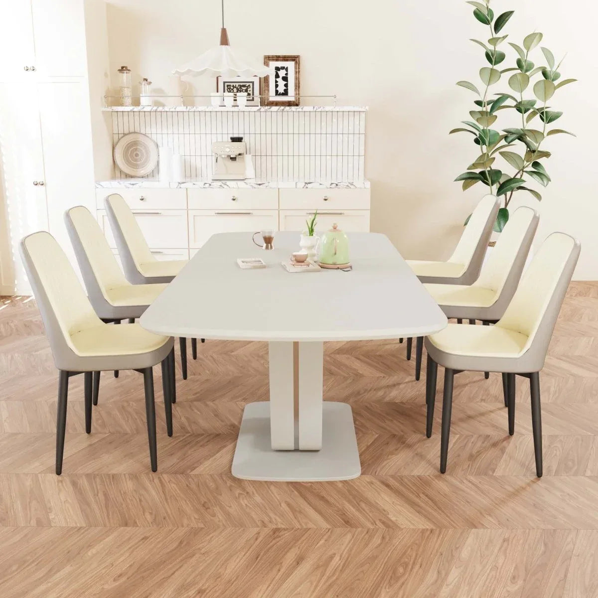 Expandable MDF Dining Table Set With Six PU Chairs - Omega Lifestyles