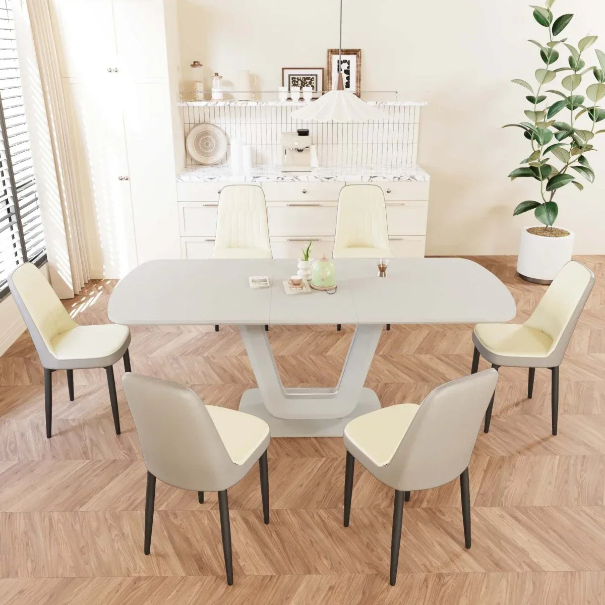 Expandable MDF Dining Table Set With Six PU Chairs - Omega Lifestyles