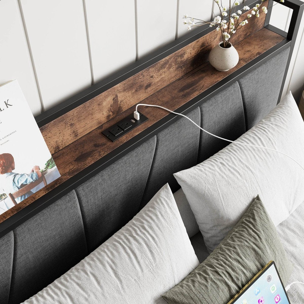 Full Size Bed Frame With Storage Headboard And Charging - Reposea - Omega Lifestyles