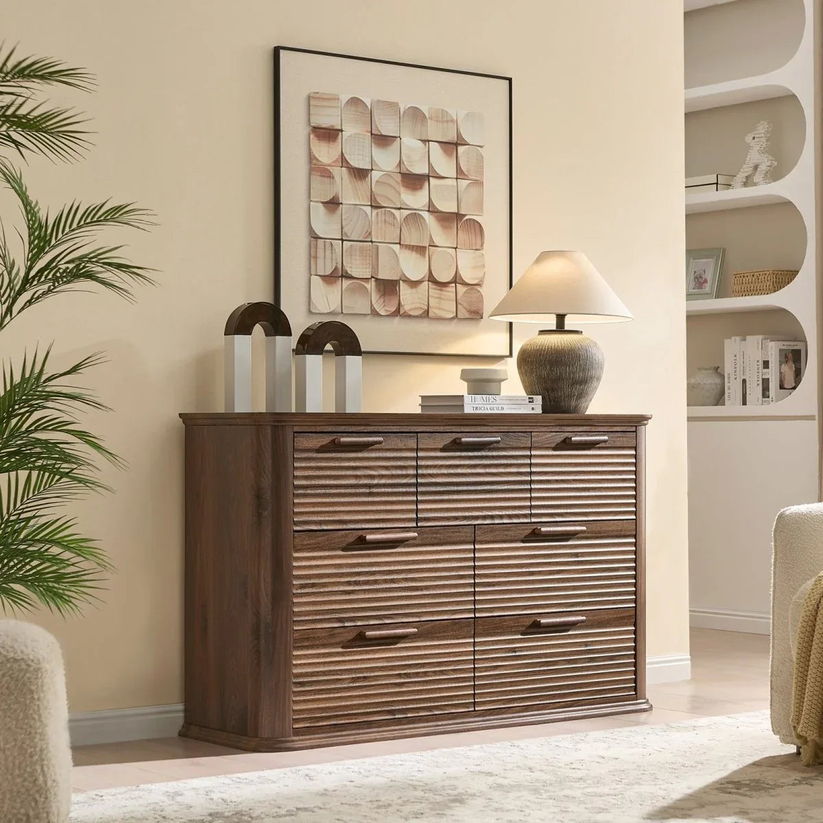 Modern 7-Drawer Walnut Wood Dresser With Curved Profile - Omega Lifestyles