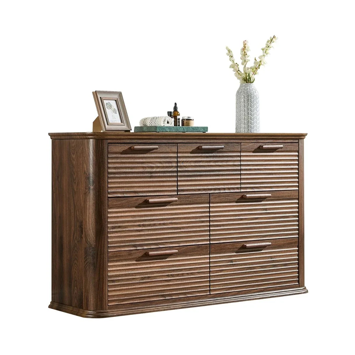 Modern 7-Drawer Walnut Wood Dresser With Curved Profile - Omega Lifestyles