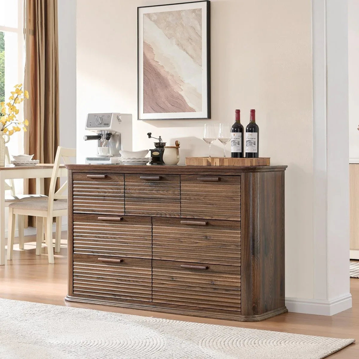 Modern 7-Drawer Walnut Wood Dresser With Curved Profile - Omega Lifestyles