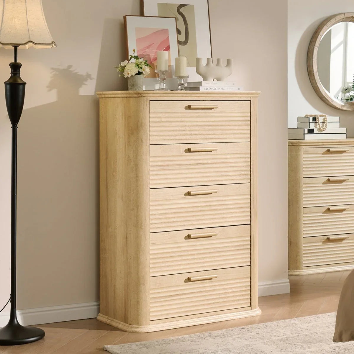 Modern Oak 5-Drawer Curved Profile Bedroom Dresser - Omega Lifestyles