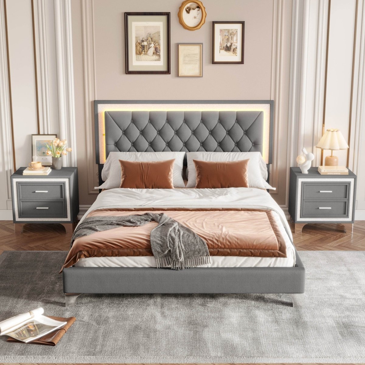 3-Piece Upholstered Platform Bed Frame With LED Lights - Sleep Galleria