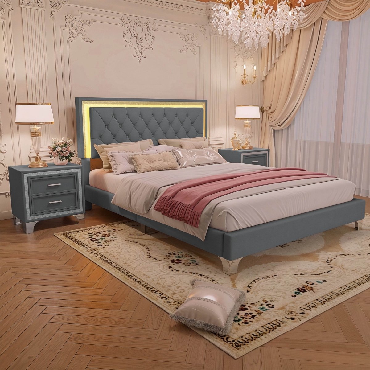 3-Piece Upholstered Platform Bed Frame With LED Lights - Sleep Galleria