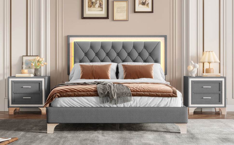 3-Piece Upholstered Platform Bed Frame With LED Lights - Sleep Galleria